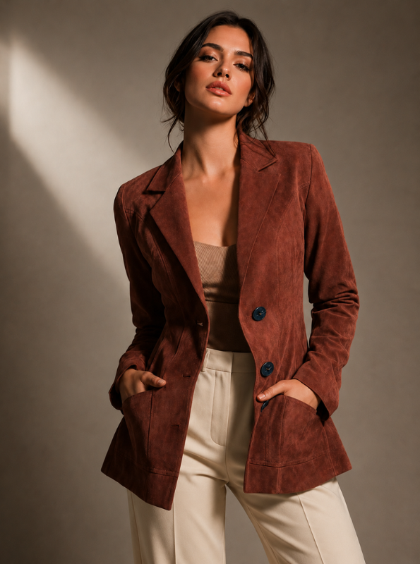 Suede-Look Double Button Blazer