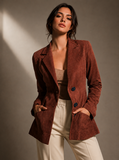 Suede-Look Double Button Blazer