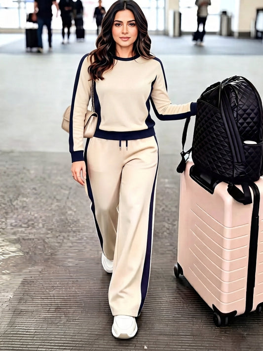 The Sutton Set | Beige & Navy Side-Stripe Knit Top & Wide-Leg Pants