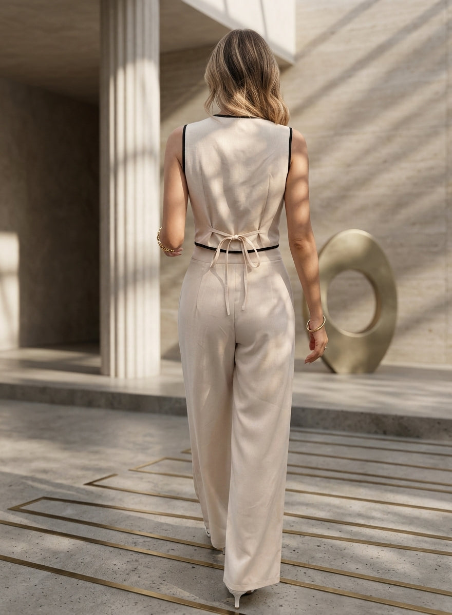 Contrast Trim Vest & Wide-Leg Pants Set
