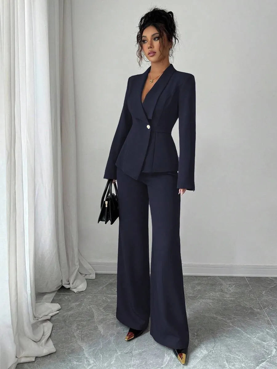 One Button Blazer & Wide-Leg Pants Set