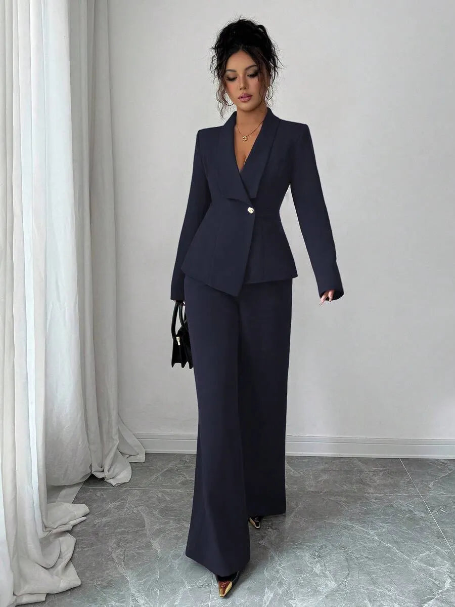 One Button Blazer & Wide-Leg Pants Set