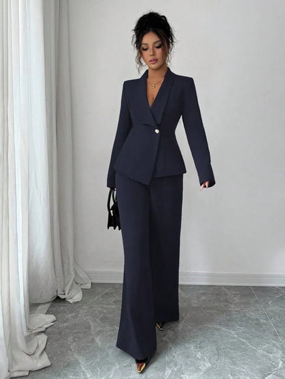 One Button Blazer & Wide-Leg Pants Set