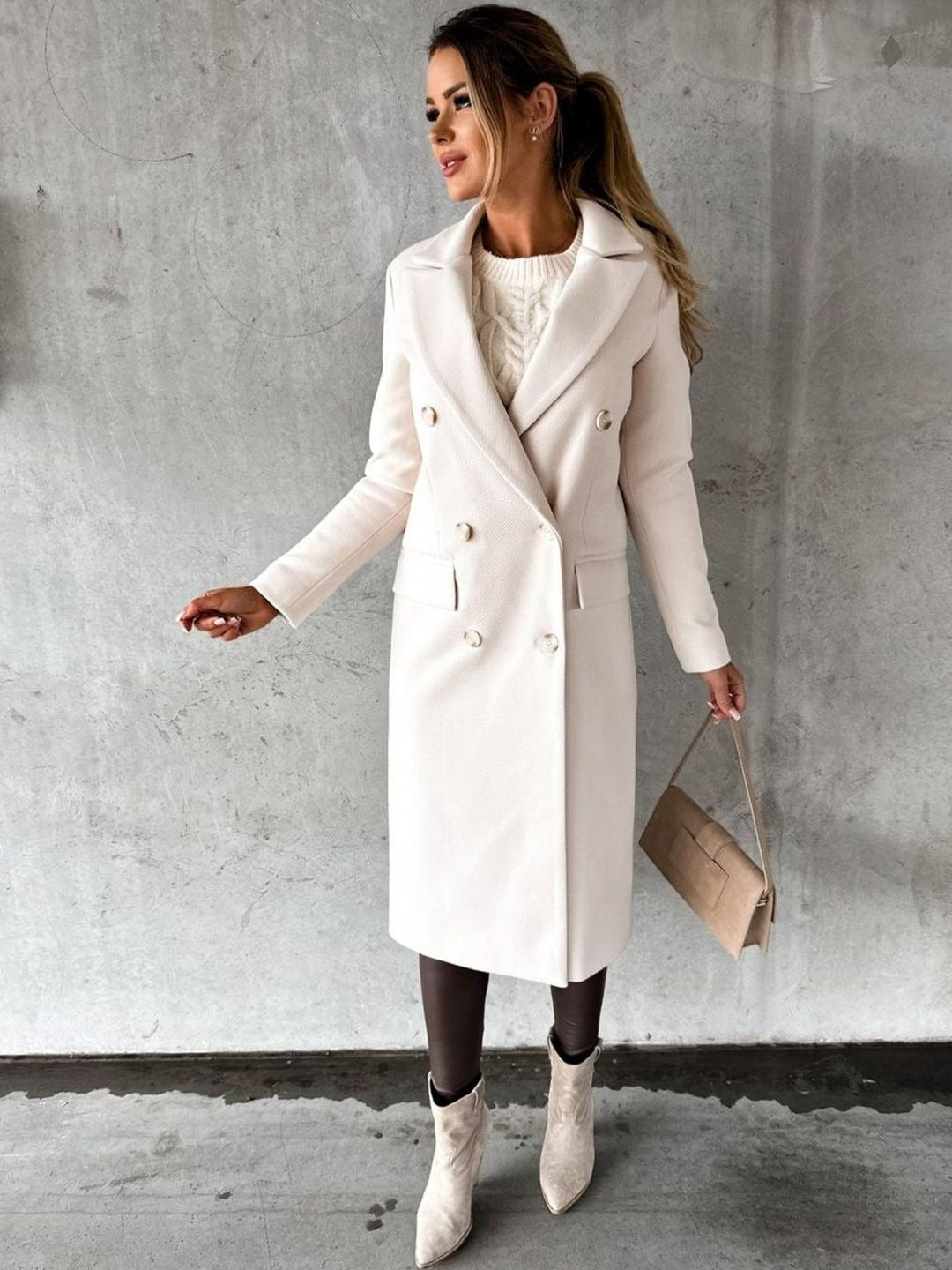 Double-Breasted Longline Coat Pocketed Women's Coat