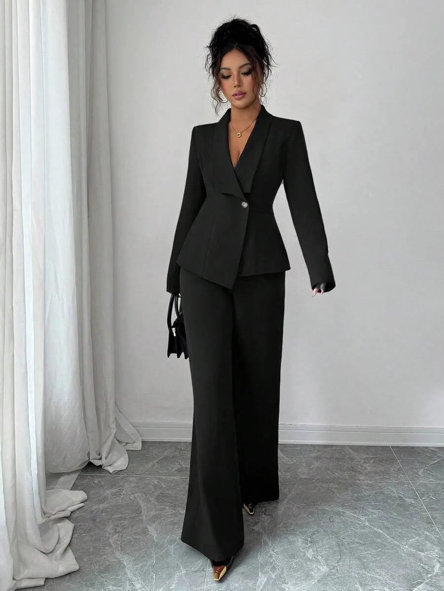 One Button Blazer & Wide-Leg Pants Set