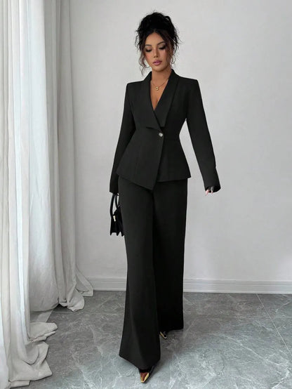 One Button Blazer & Wide-Leg Pants Set