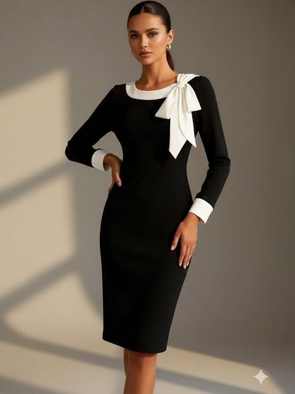 Bowknot Contrast Trim Long Sleeve Bodycon Midi Dress