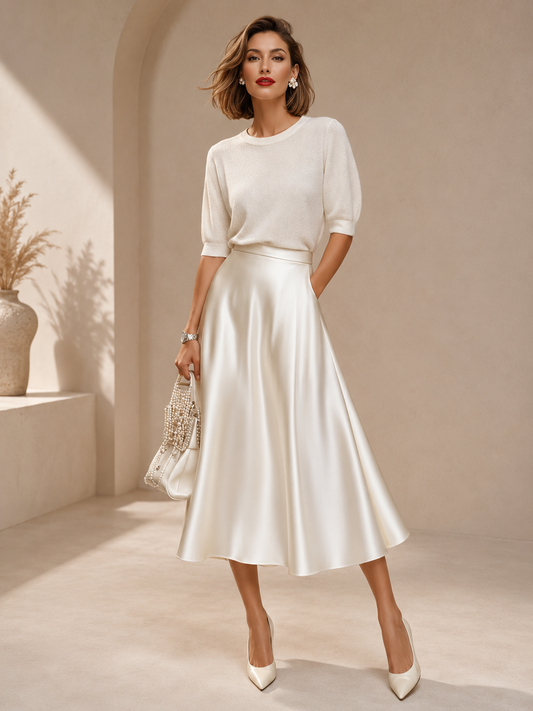 Satin A-Line Midi Skirt Elegant High-Waist Women's Skirt