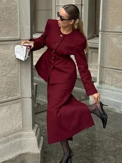 Button-Up Peplum Blazer & Midi Skirt Set | Burgundy Two-Piece Suit