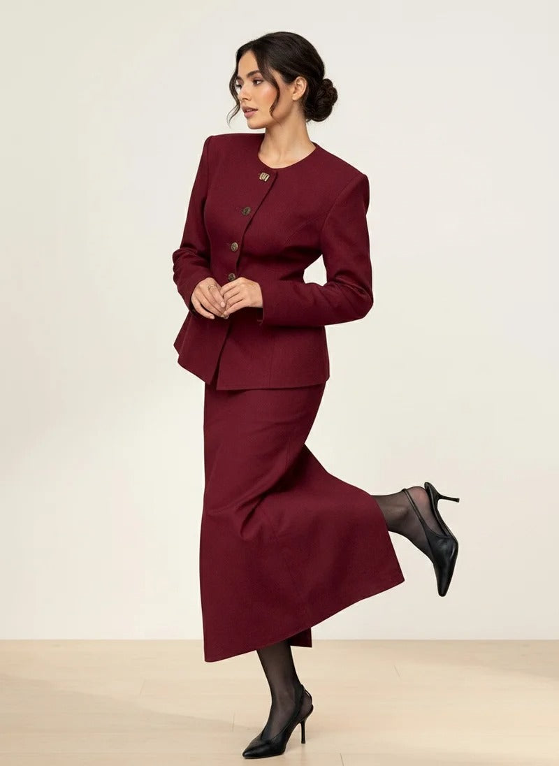 Button-Up Peplum Blazer & Midi Skirt Set | Burgundy Two-Piece Suit