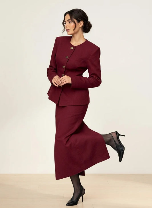 Button-Up Peplum Blazer & Midi Skirt Set | Burgundy Two-Piece Suit
