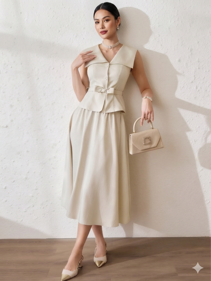 Sleeveless Belted Top & A-Line Midi Skirt Set Elegant Two-Piece Suit