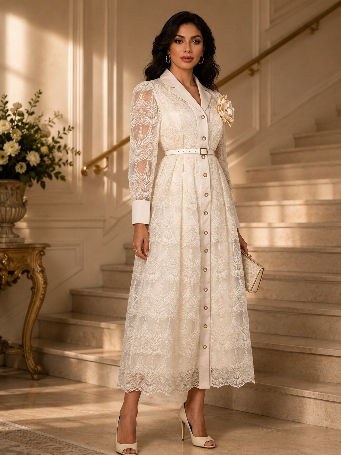 Lace Button-Front Belted Midi Dress Elegant Long Sleeve Dress