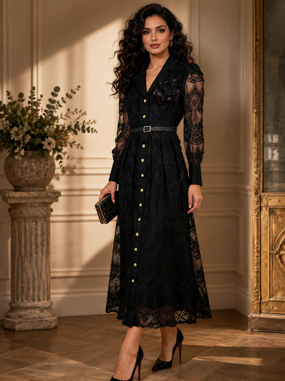 Lace Button-Front Belted Midi Dress Elegant Long Sleeve Dress