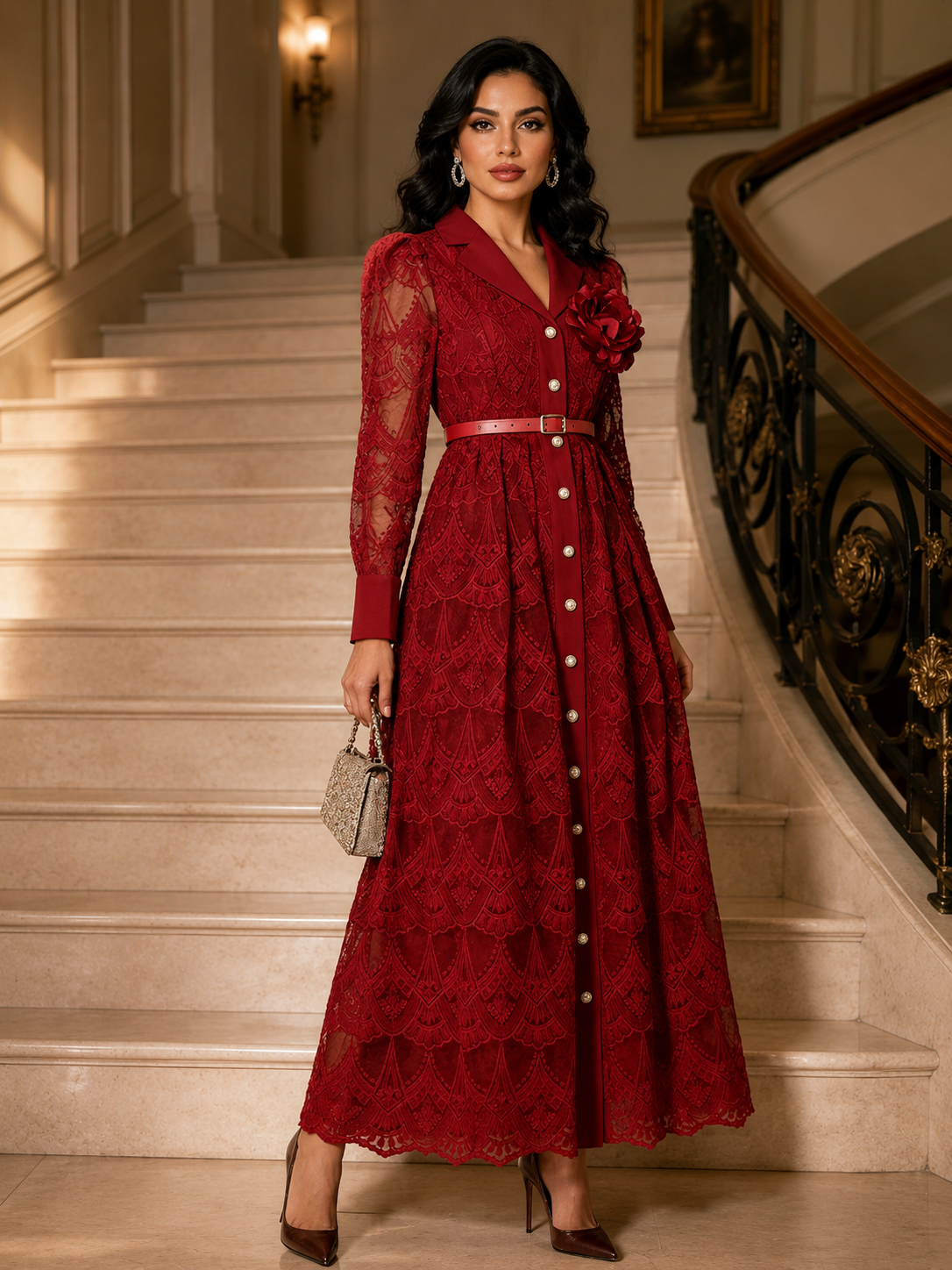 Lace Button-Front Belted Midi Dress Elegant Long Sleeve Dress